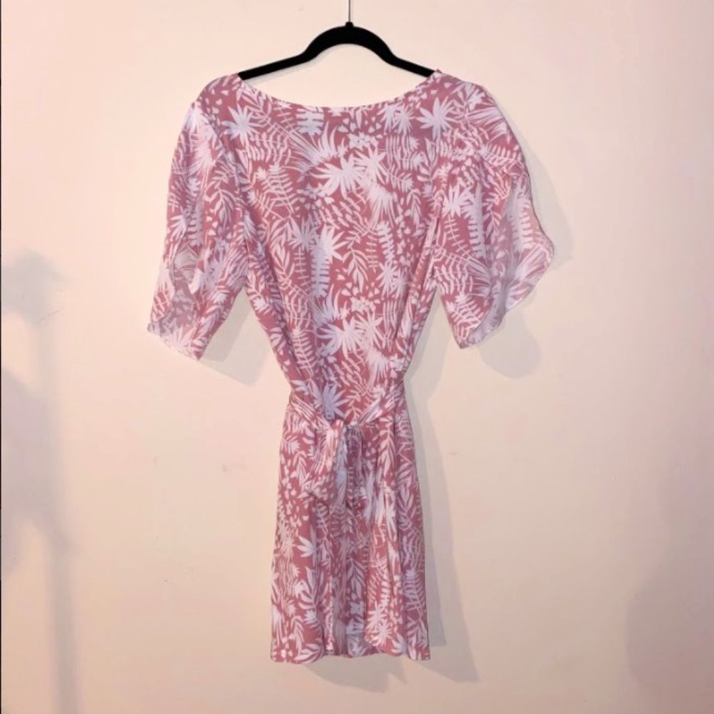 Tropical Print Petal Sleeve Belted Dress